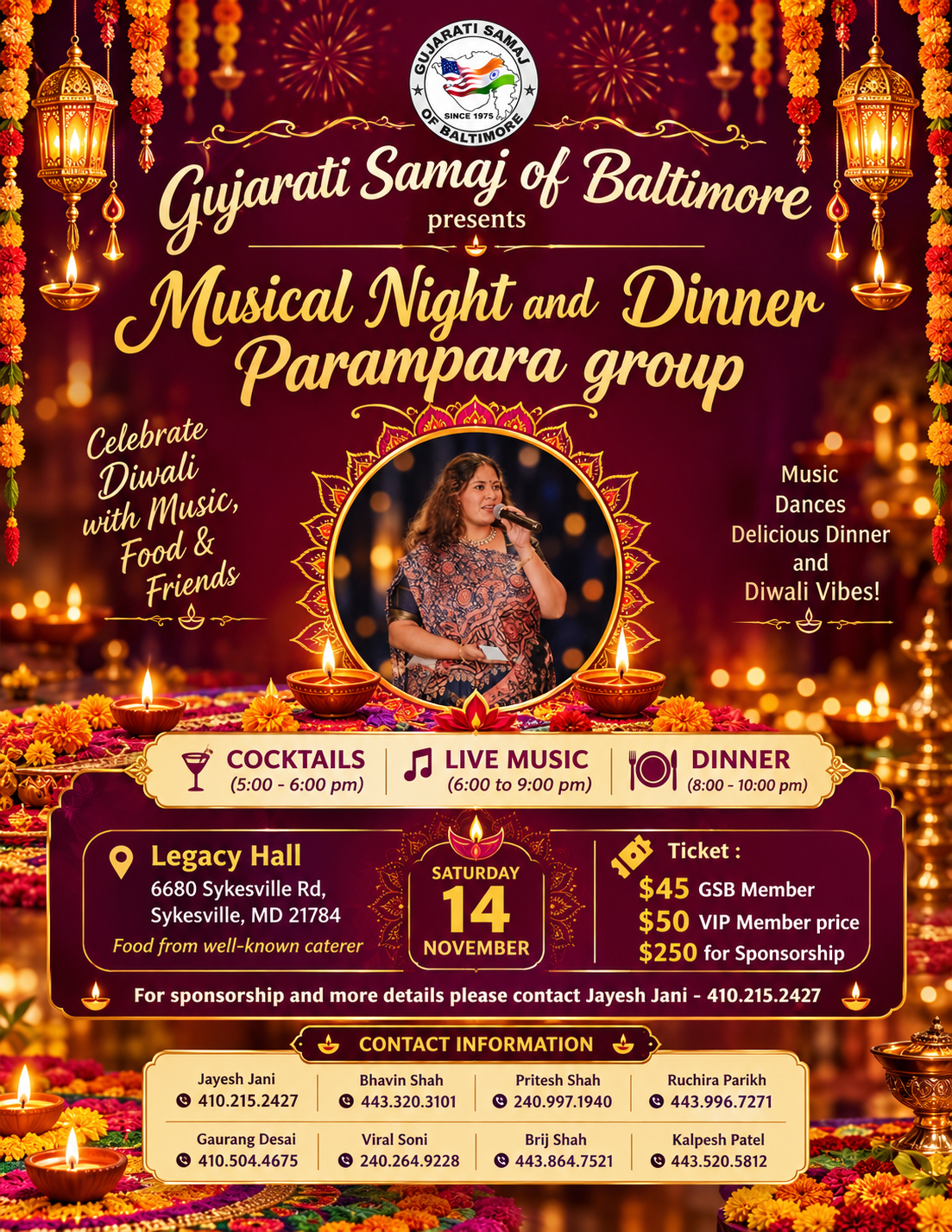 Gujarati Samaj of Baltimore Musical Night and Dinner 2026 flyer